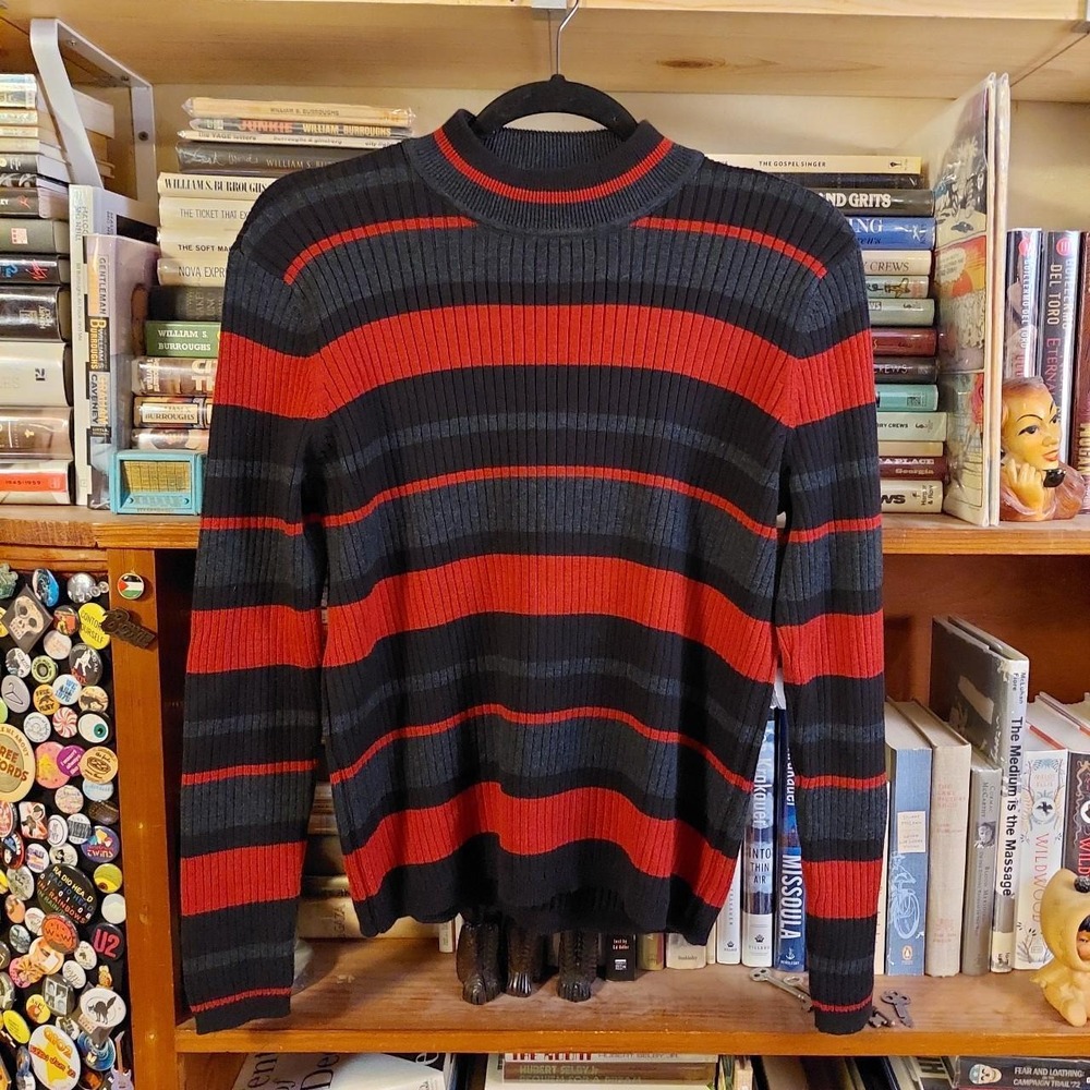 Vintage Laura Scott Striped Sweater Red Grey Black Ribbed Mock Neck Large 90s